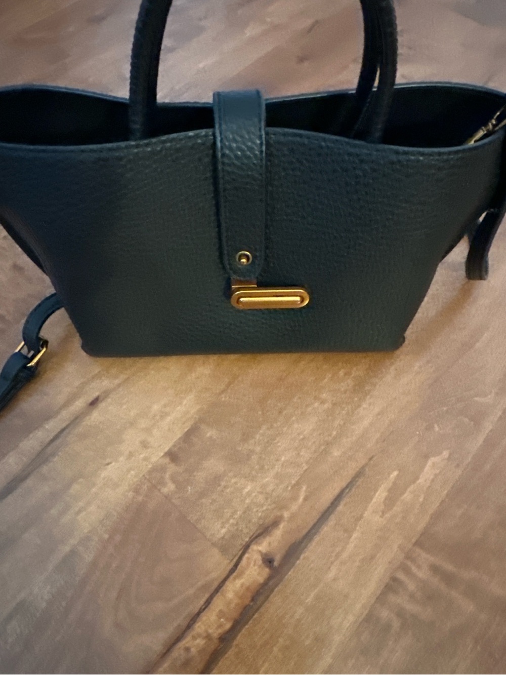 Black Structured Satchel Crossbody Bag Gold Hardware Top Handle - Picture 3 of 8